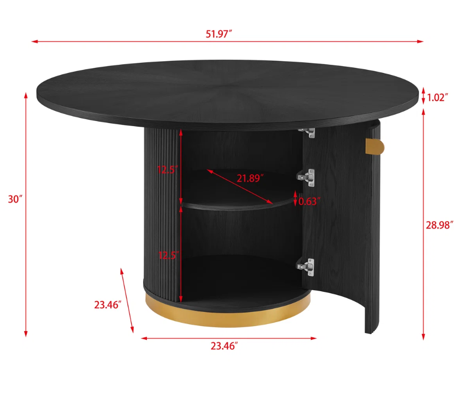 Black Fluted Pedestal Dining Table with Storage