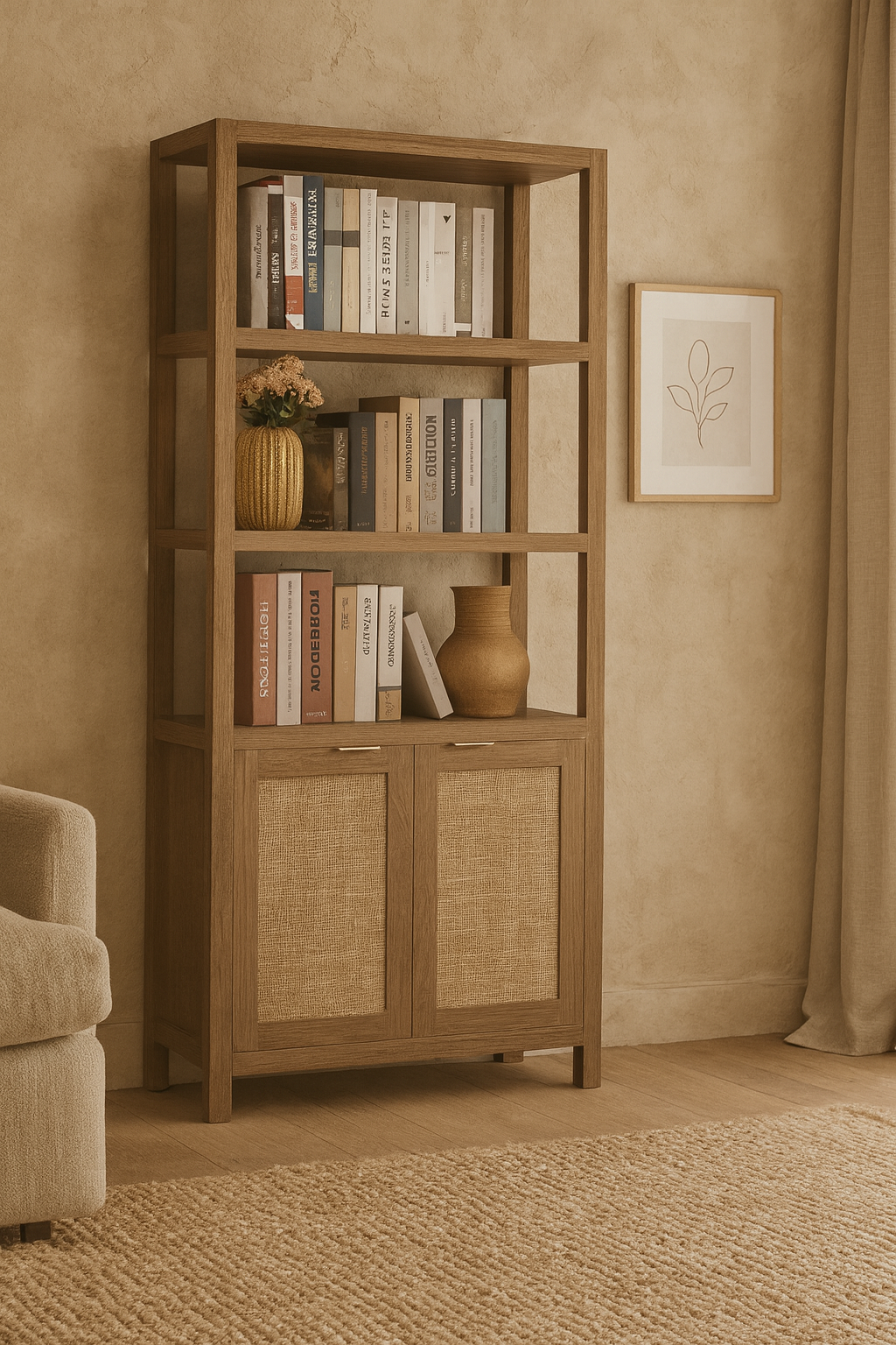 Rattan-Front Tall Bookcase with Cabinet Storage