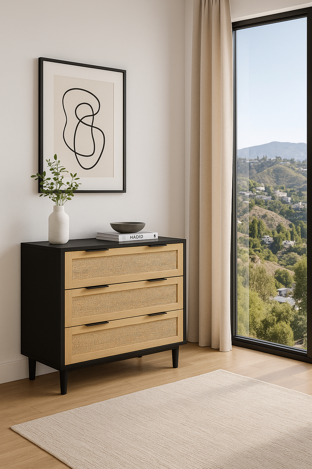 3 Drawer Black Rattan Dresser