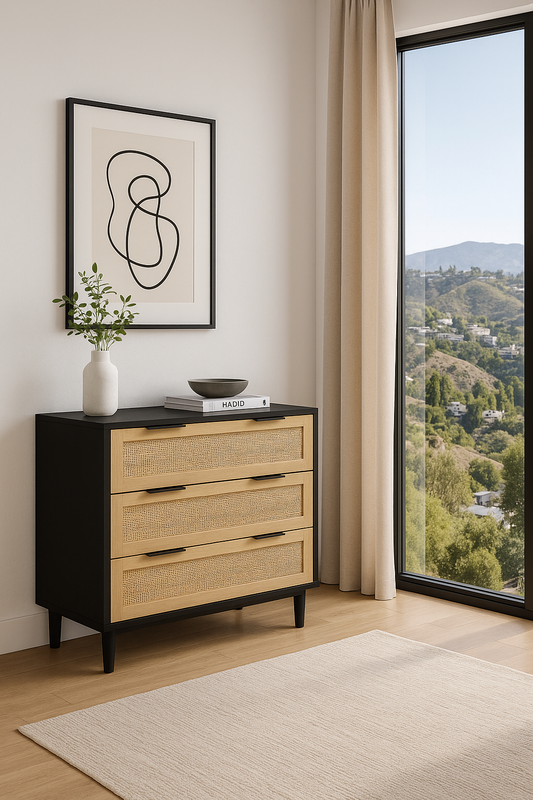 3 Drawer Black Rattan Dresser