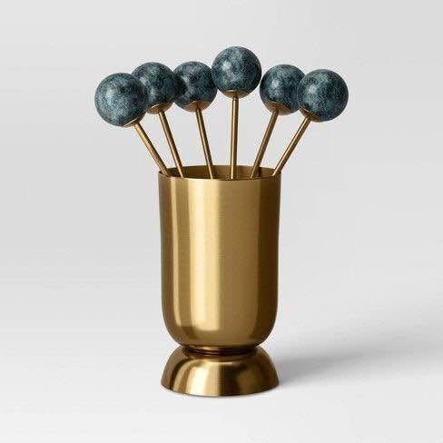 7pc Stainless Steel Cocktail Picks with Holder Gold
