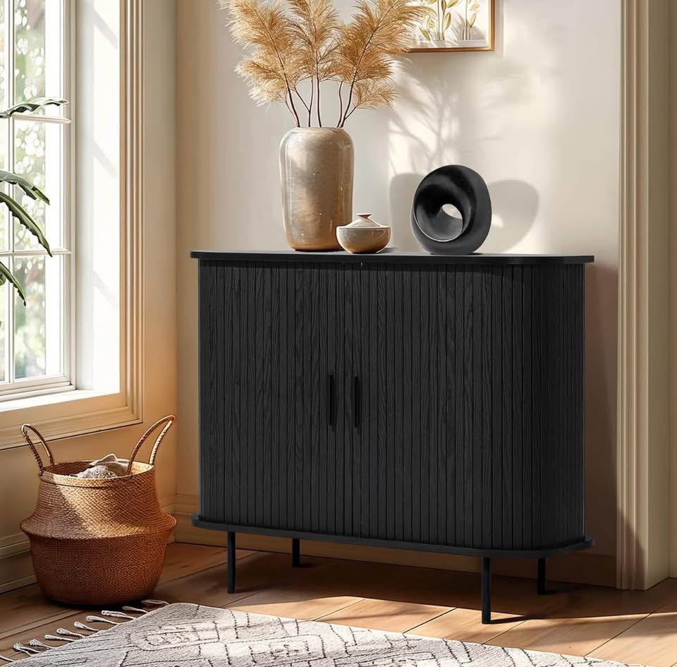 Black Slatted 2 Door Accent Cabinet