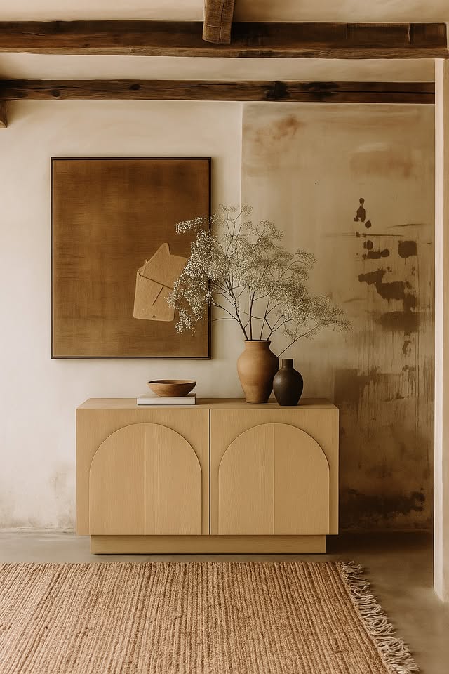 Light Oak Mid-Century Arched Storage Cabinet