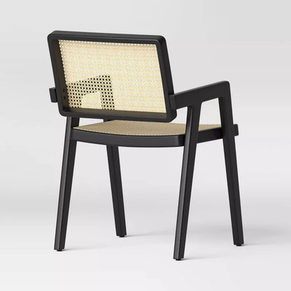 Set of 2 Wood Framed Woven Panel Dining Chair Black