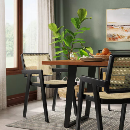 Set of 2 Wood Framed Woven Panel Dining Chair Black