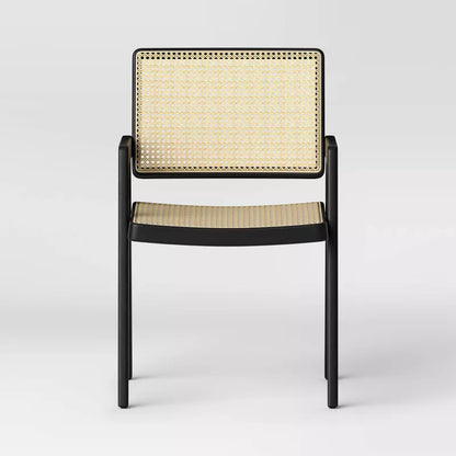 Set of 2 Wood Framed Woven Panel Dining Chair Black