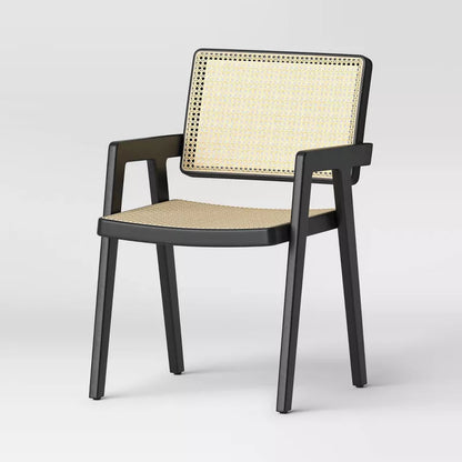 Set of 2 Wood Framed Woven Panel Dining Chair Black
