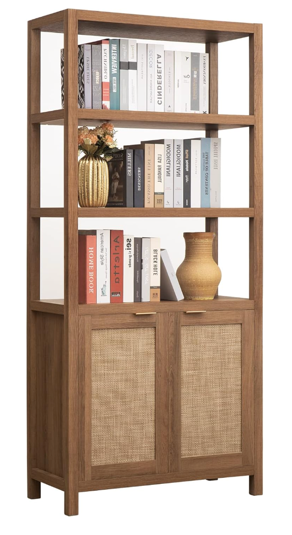 Rattan-Front Tall Bookcase with Cabinet Storage
