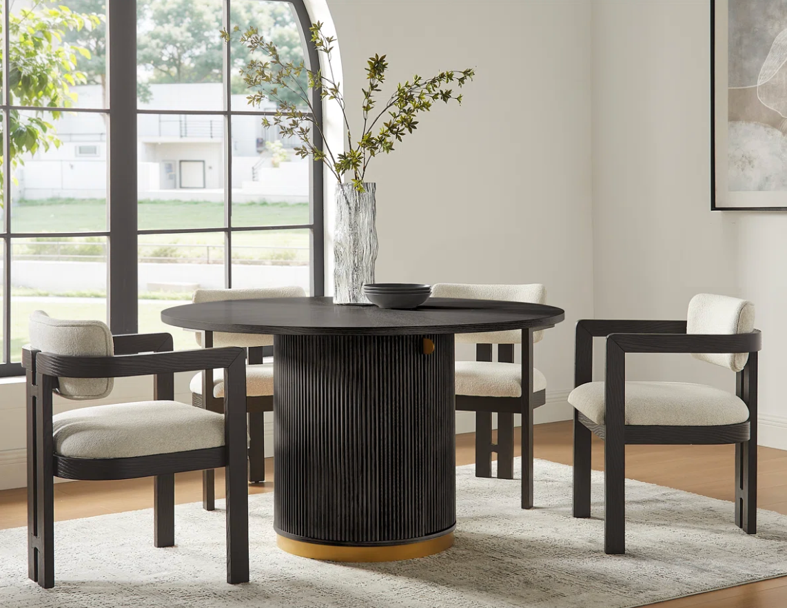 Black Fluted Pedestal Dining Table with Storage