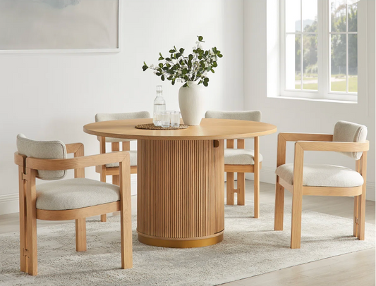 Oak Fluted Pedestal Dining Table with Storage