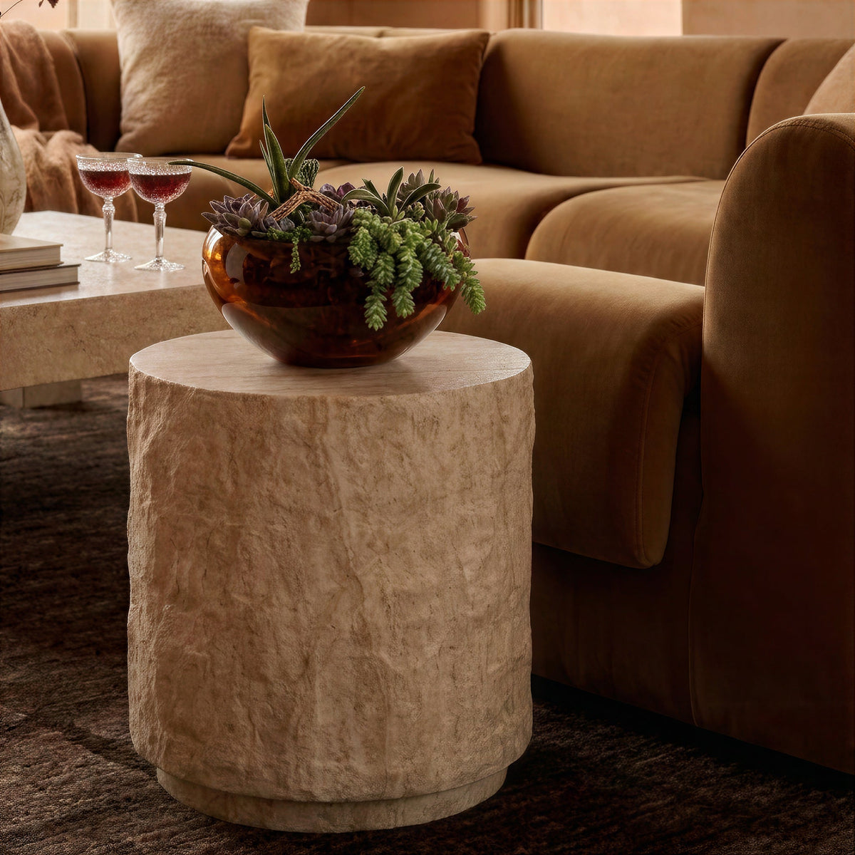 Roxanne Faux Travertine Indoor/Outdoor Concrete Side Table - TOV-OC54939